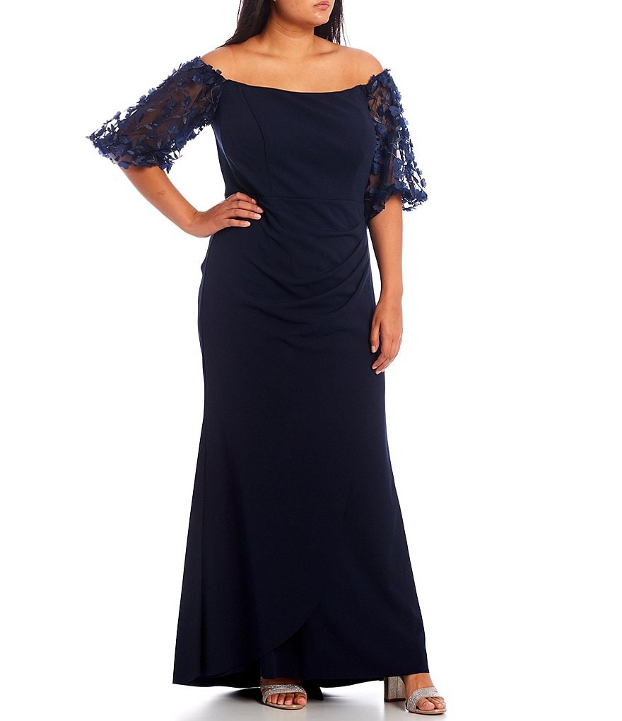 Xscape Plus Size 3D Floral Applique Scuba Crepe Off-the-Shoulder Elbow Puff Short Sleeve Mermaid Gown