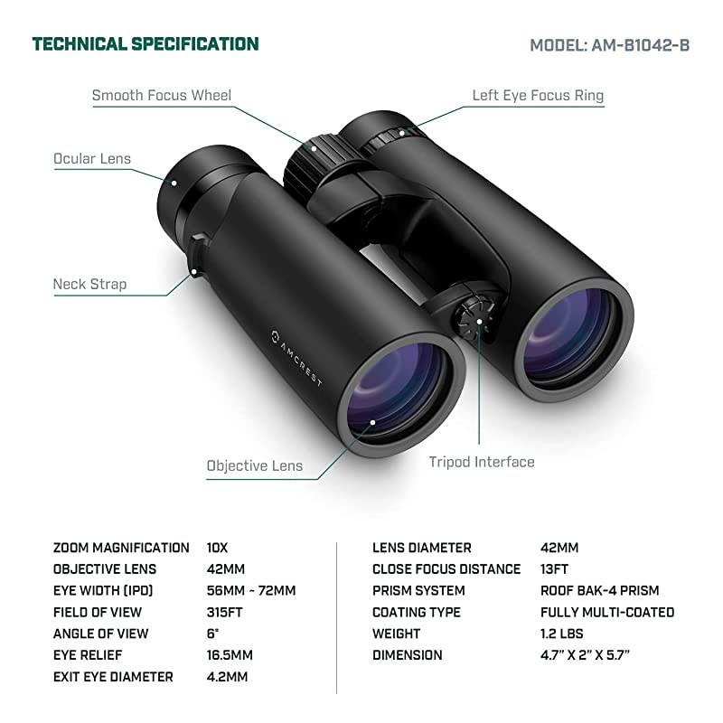10x42 Roof Prism Binoculars for Adults HD Professional Binoculars for Bird Watching Travel Stargazing Hunting Concerts Sports BAK4 Prisms Smart Phone Adaptor for Photography