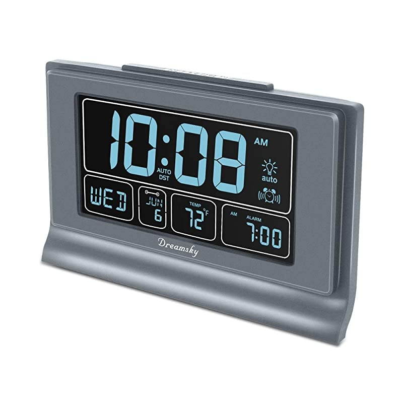 Auto Set Digital Alarm Clock with USB Charging Port 66 Inches Large Screen with TimeDateTemperature Display Full Range Brightness Dimmer Auto DST Setting Snooze Gray