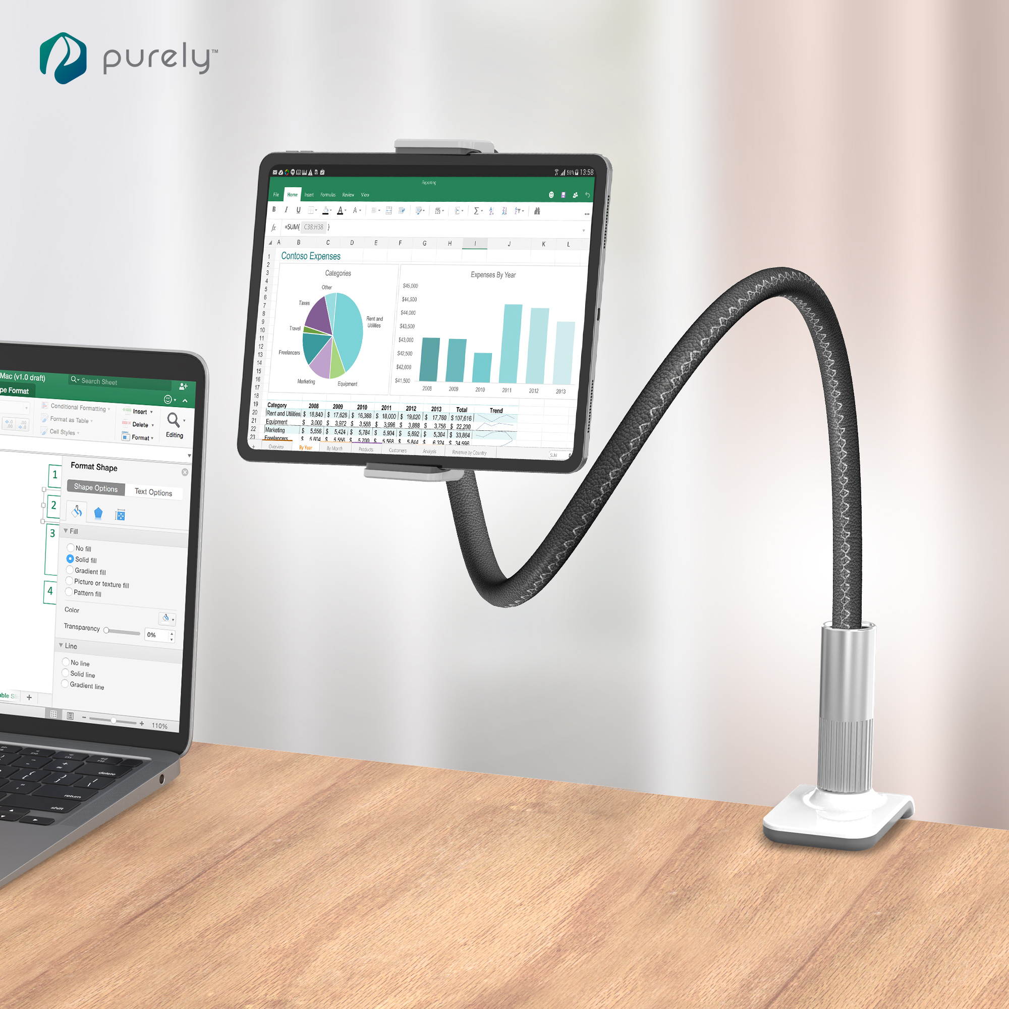 Purely Gooseneck Phone and Tablet Holder Deluxe | 39&rdquo; Flexible Arm with Clip Mount 4" to 12.9" Devices - Compatible with iPad Pro, Mini & Samsung Galaxy Tab - Desk, Bedside, Headboard Stand