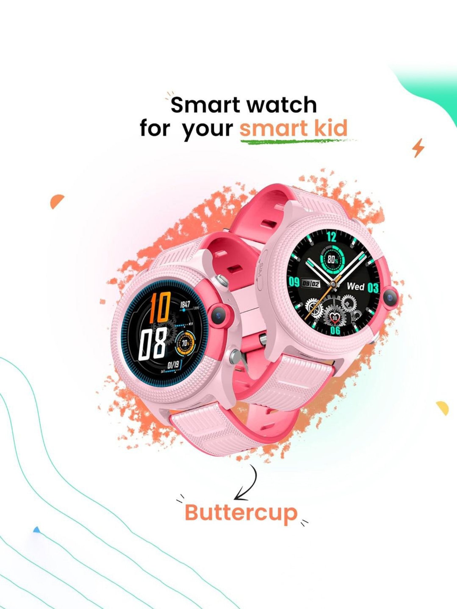 Turet Buttercup GPS Tracker Smartwatch for Kids with IP68 Waterproof 1.4 inch HD Display (Pink)