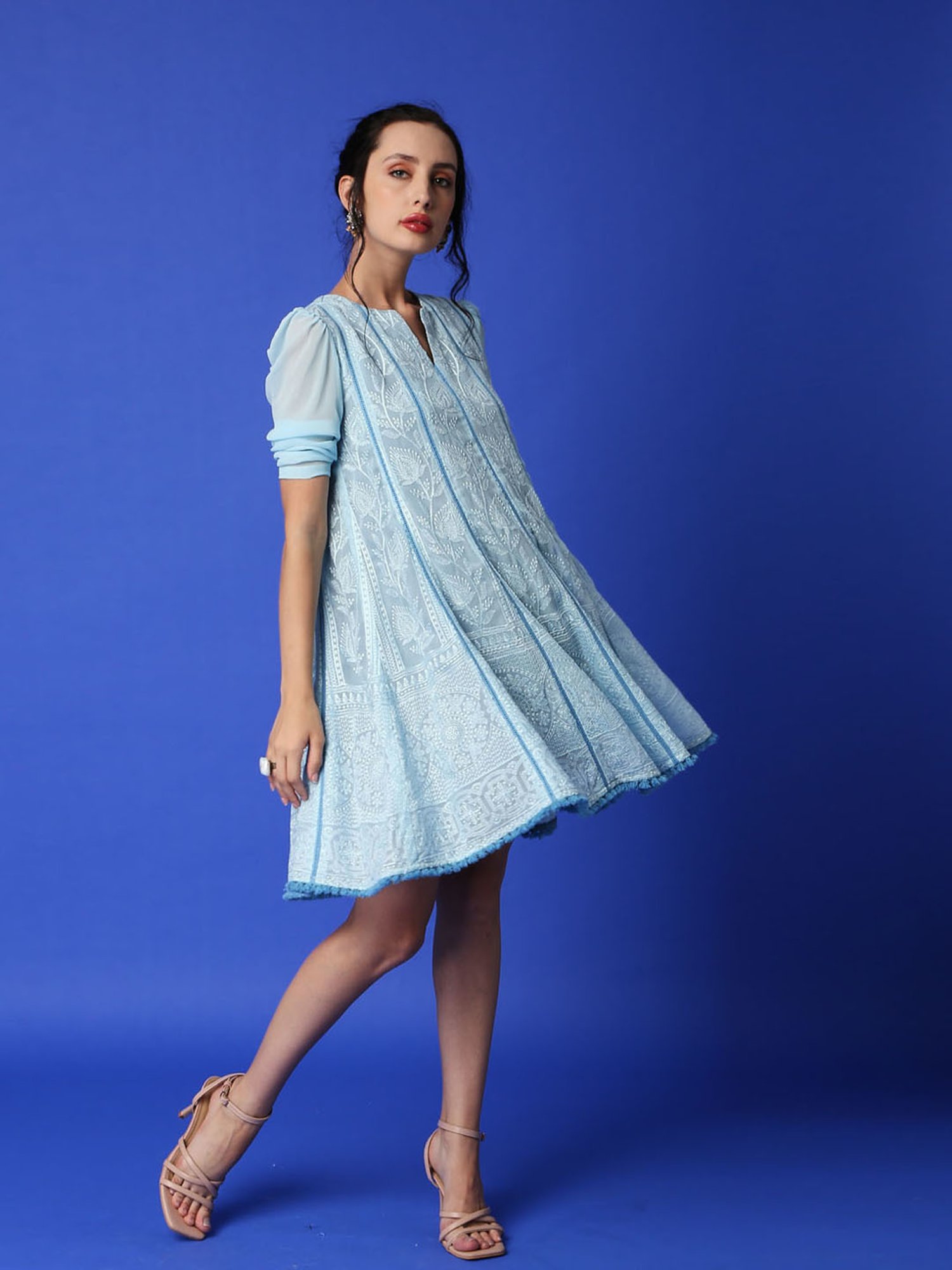 Monk and Mei Mumtaz Chikankari Anarkali Kurta/ Dress- Ice Blue