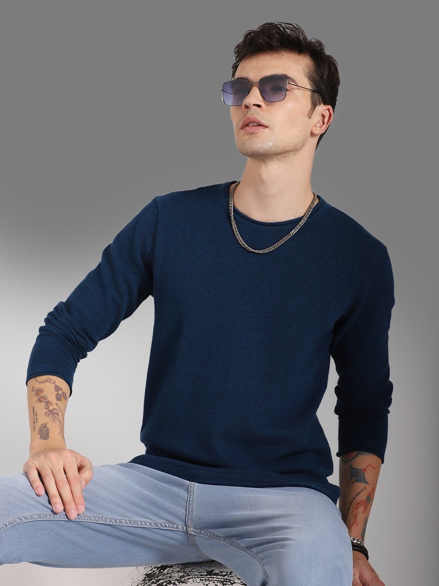 High Star Blue Cotton Regular Fit Sweater