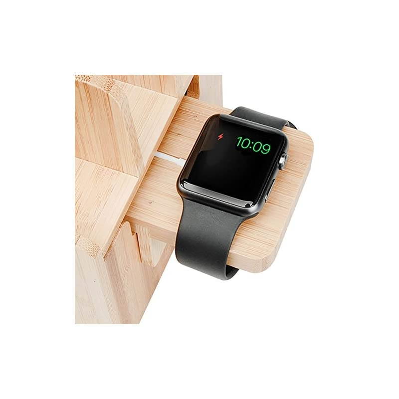 Slim Bamboo Charging Station Compatible Adapter for Apple Watch Multi Device Organizer Smartphones Tablets Laptops More
