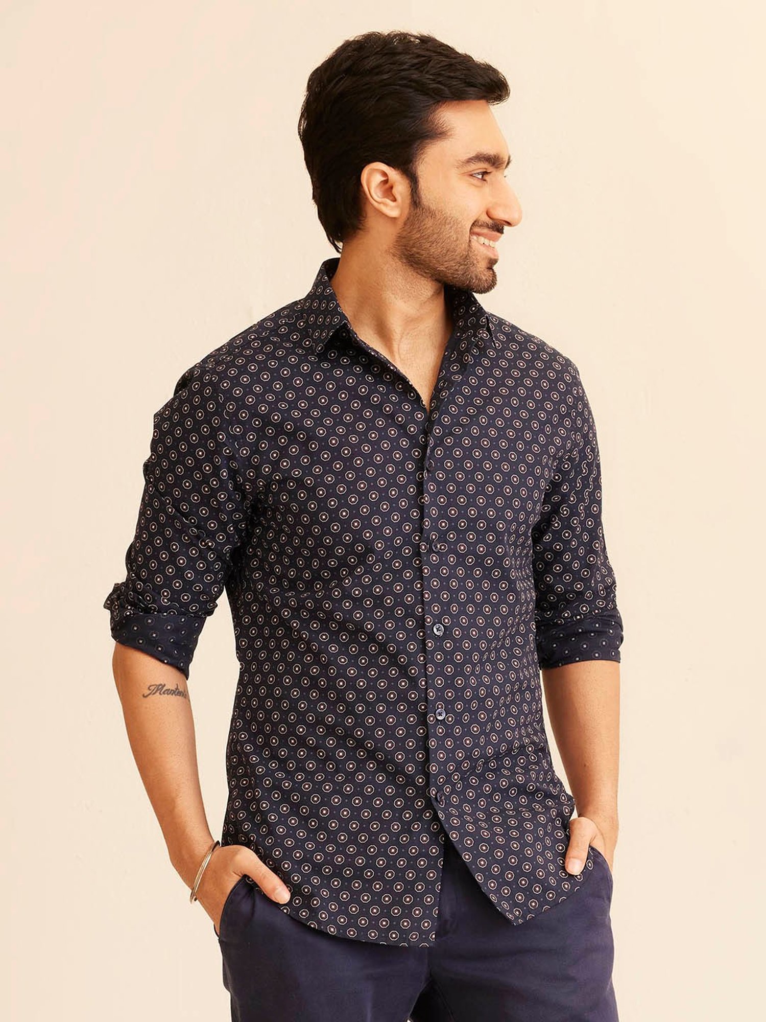 The Bleu Label Navy Slim Fit Printed Shirt