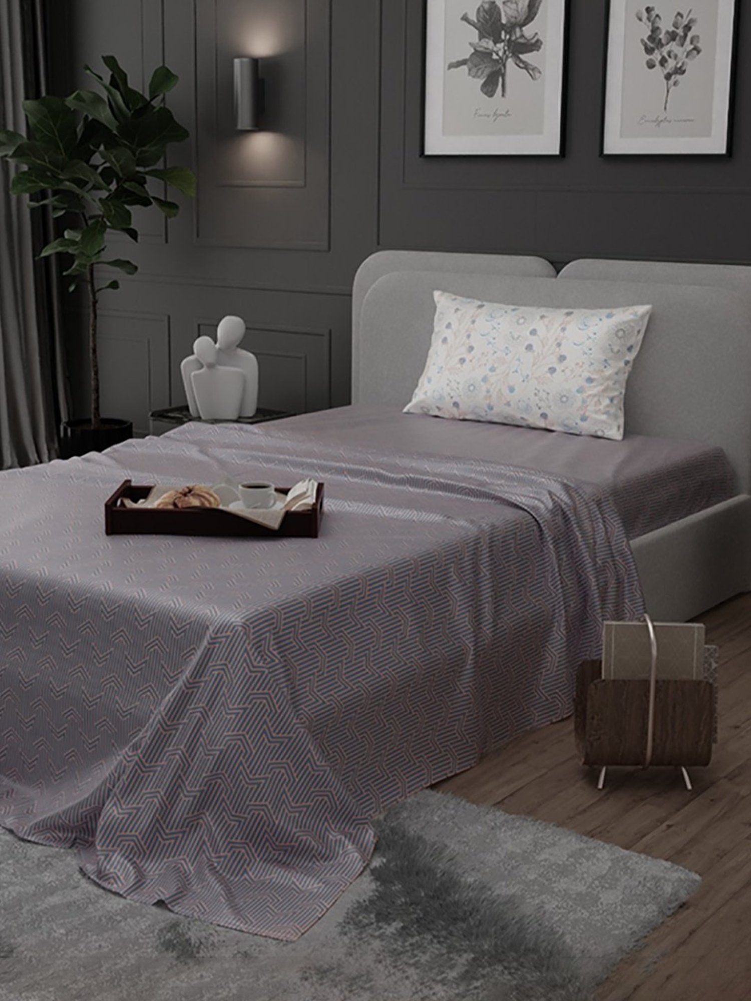 Stoa Paris Elegance Grey Polyester 300 TC Sateen Single Size Bed Sheet With 1 Pillow Cover