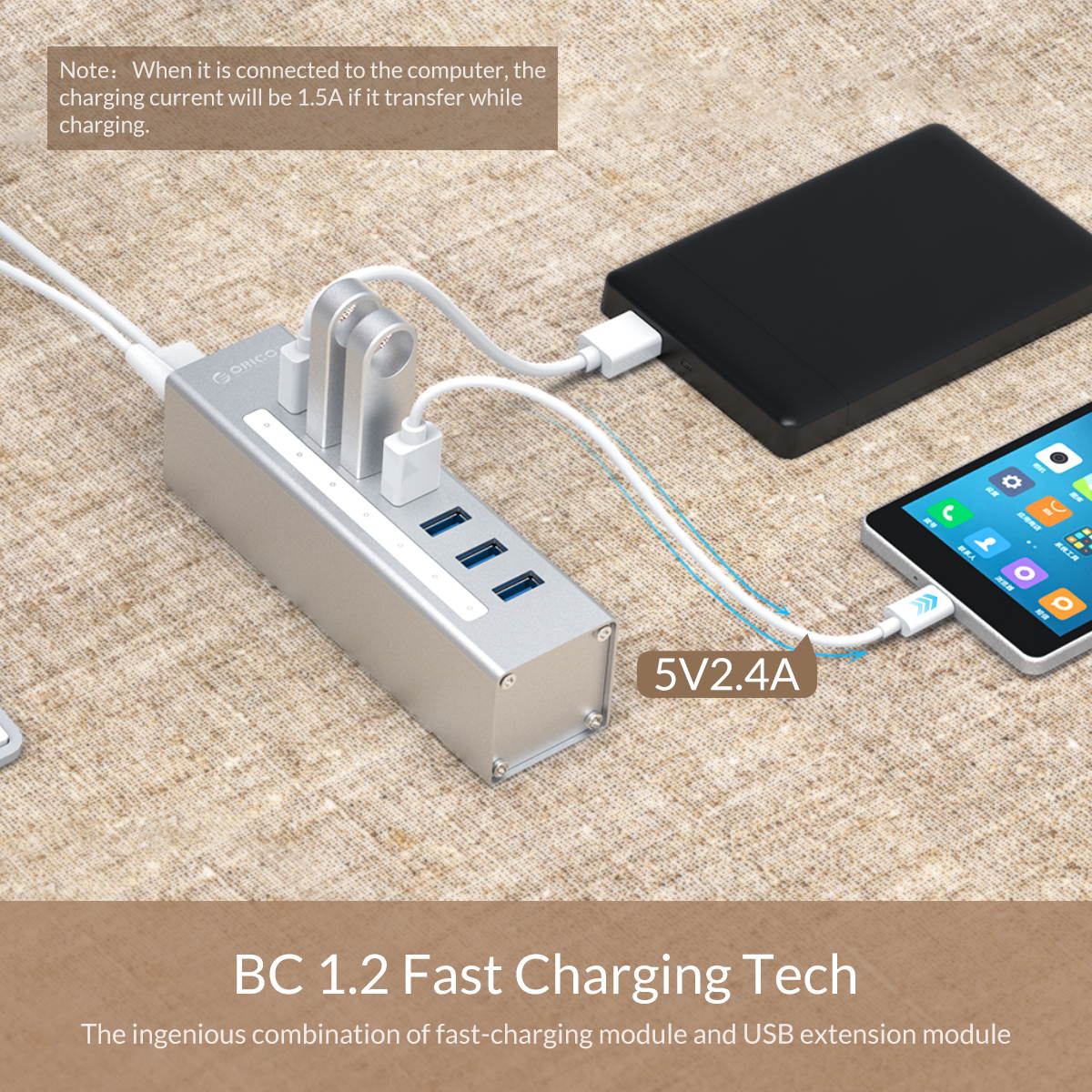 ORICO Aluminum 7 Ports USB 3.0 HUB with 3.3Ft. USB 3.0 Date Cable and 12V/2.5A Power Supply for Macbook,PC,Laptops (HUB is not a Charger,Data transfer Only)- Black (A3H7-V1-US)