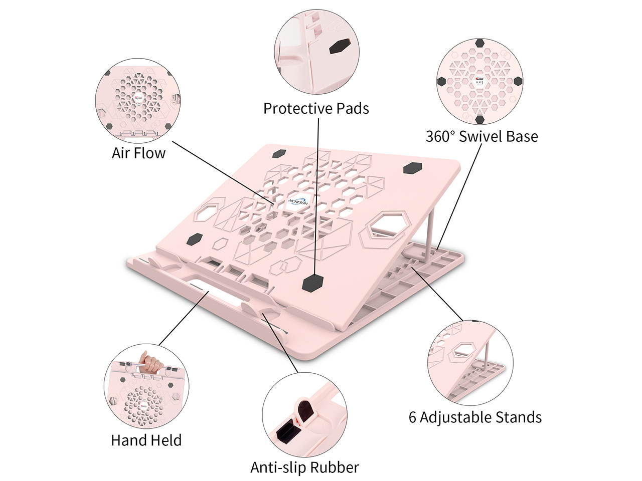 AICHESON 360&deg; Swivel Laptop Stand, Adjustable Height Portable Laptops Riser, Ergonomic Ventilated Rotatable Laptop Computer Holder Base, Pink