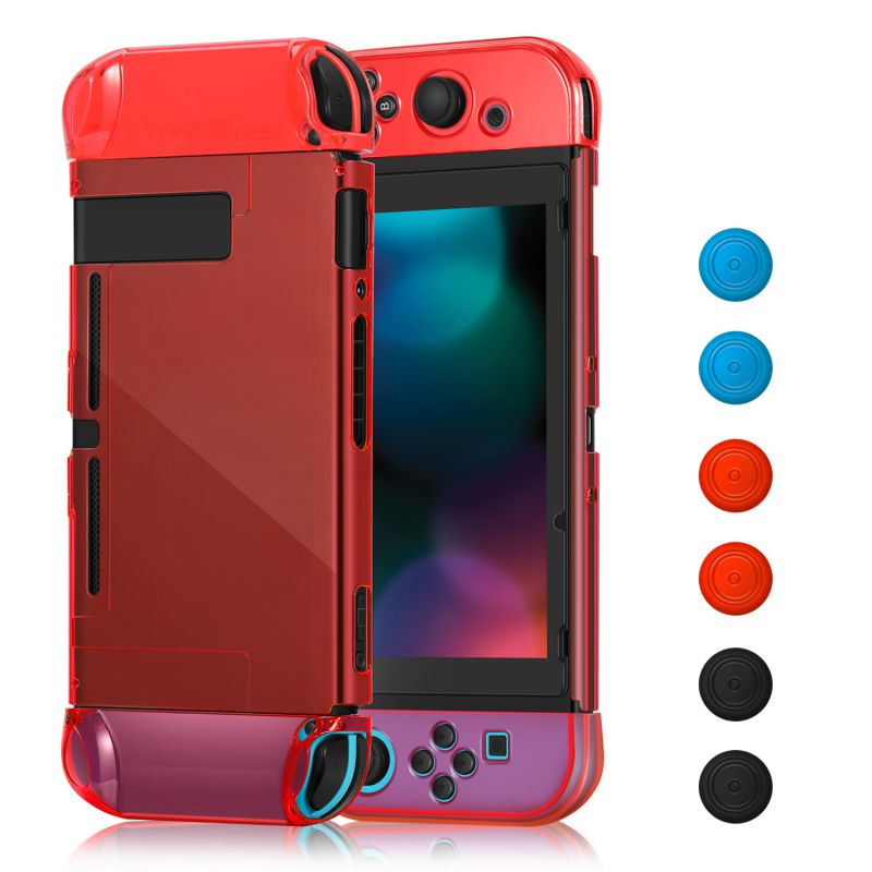 Dockable Case Cover for Nintendo Switch Console & Joy-Con Controller (Tinted Red) Travel Friendly Plastic Hard Shell Protector, Anti-Scratch Shockproof Protective 3 Set Thumb Cap Accessories