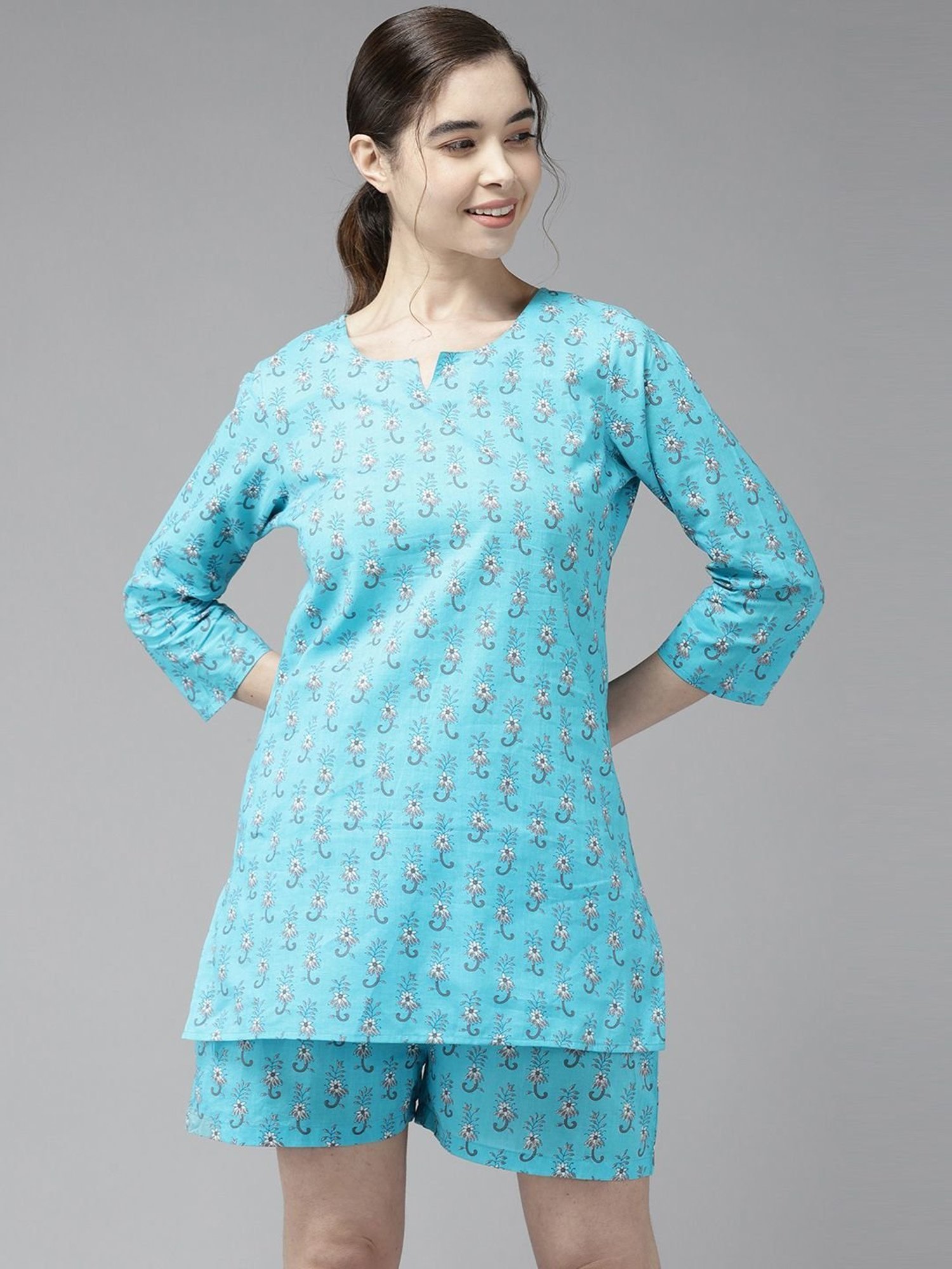 Prakrti Blue Cotton Printed Top Shorts Set