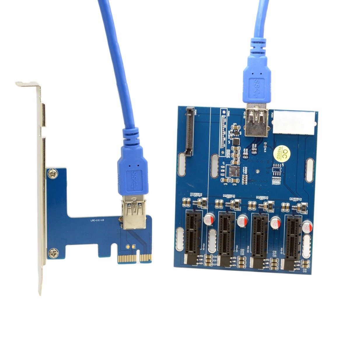 PCI-e Express 1x to 4 Port 1x Switch Multiplier Splitter Hub Riser Card with USB 3.0 Cable