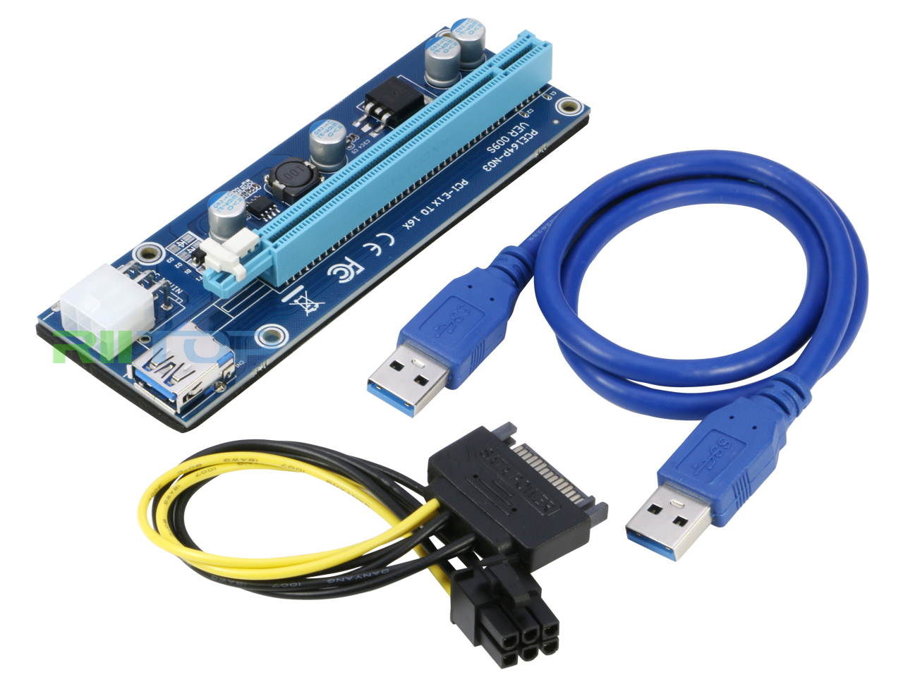 RIITOP 4 in 1 PCI-E Riser Card Adapter Board + 6 PIN 16x to 1x Powered Riser Adapter Card  GPU Riser Adapter - Ethereum Mining ETH - w/ 60cm USB 3.0 Extension Cable & 6-Pin PCI-E to SATA Power Cable
