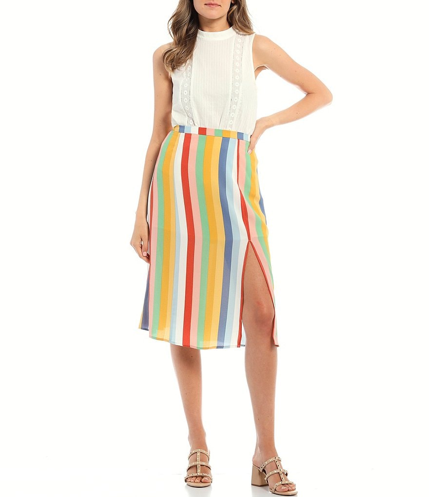 June & Hudson Stripe Side Slit Midi Skirt