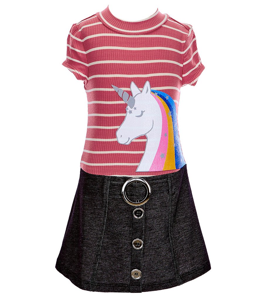 Zunie Little Girls 4-6X Cap-Sleeve Unicorn Graphic Striped/Denim Dress