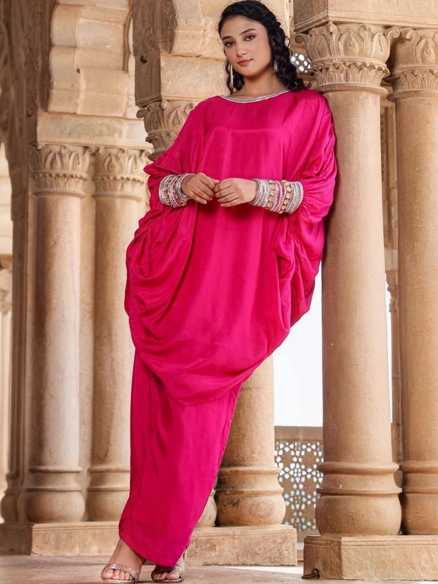 Scakhi Pink Muslin Silk Poncho Co-Ord Set With Trouser And Camisole