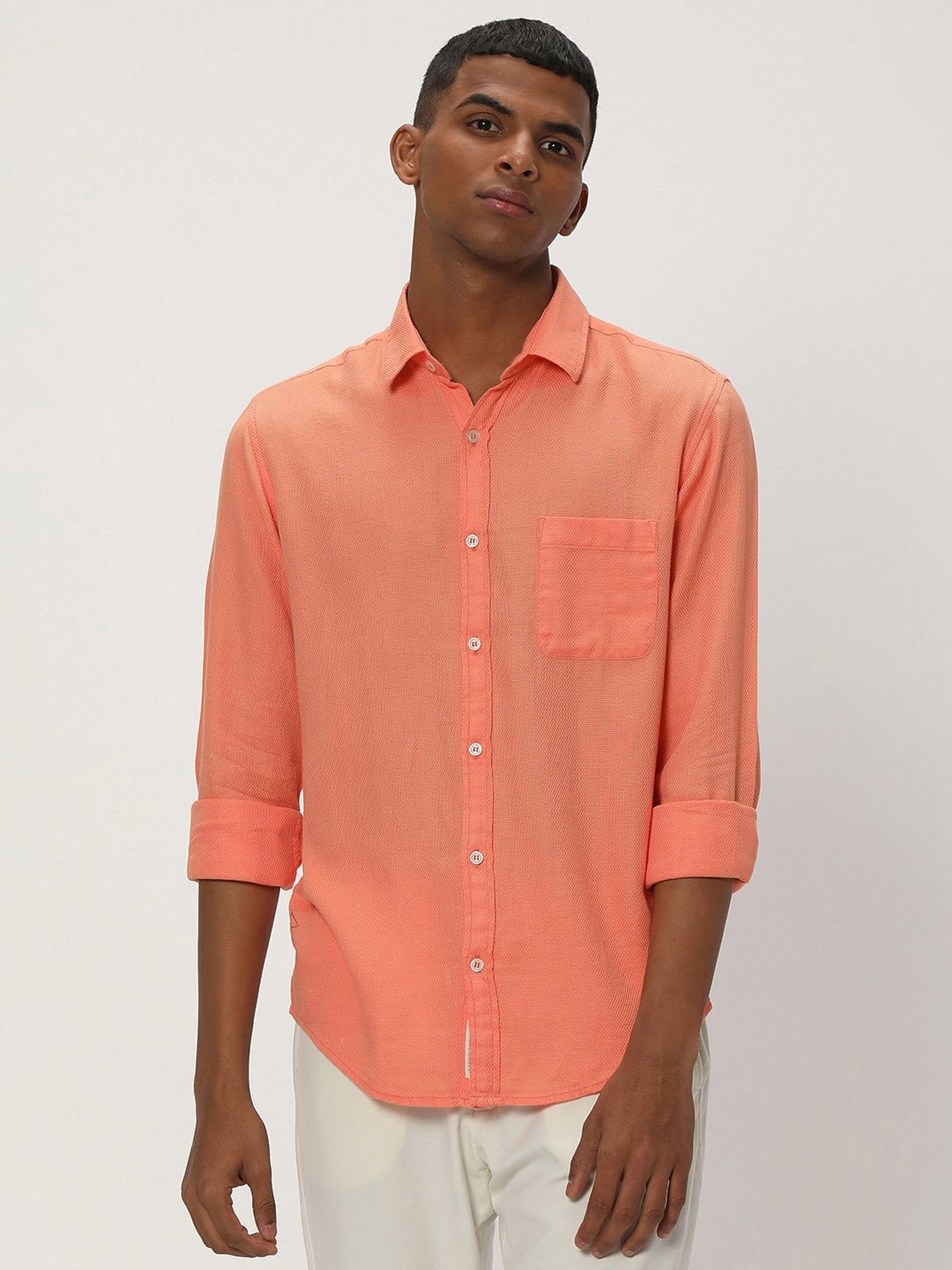 Mufti Orange Slim Fit Textured Cotton Linen Shirt