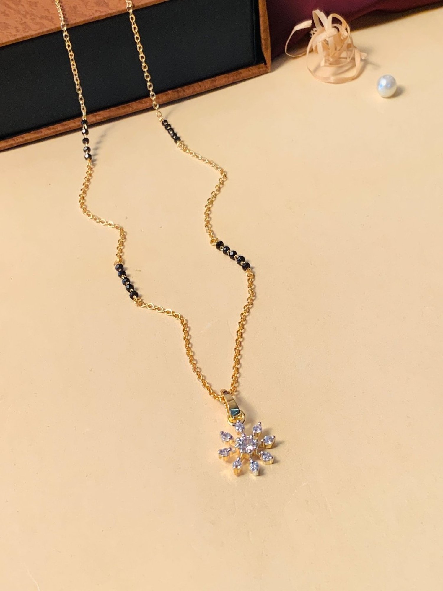 Abdesigns Gold-Plated American Diamond & Black Beaded Mangalsutra