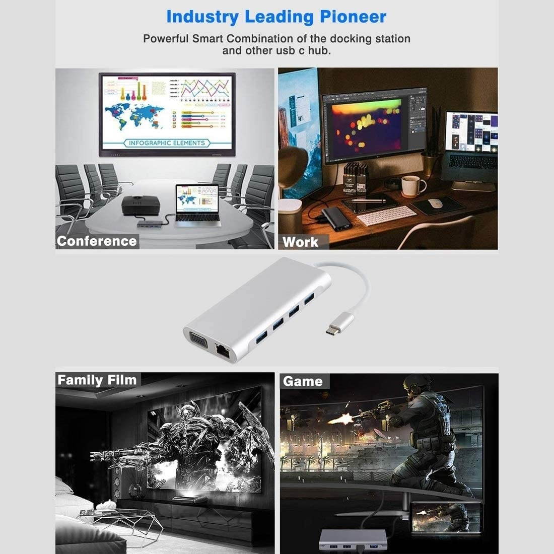 DUANZHIREN-US 11 in 1 USB C hub Type-C to VGA LAN Port 4 USB3.0 SD TF Card HDMI Audio Port Type-C HUB Adapter (Color : Silver)
