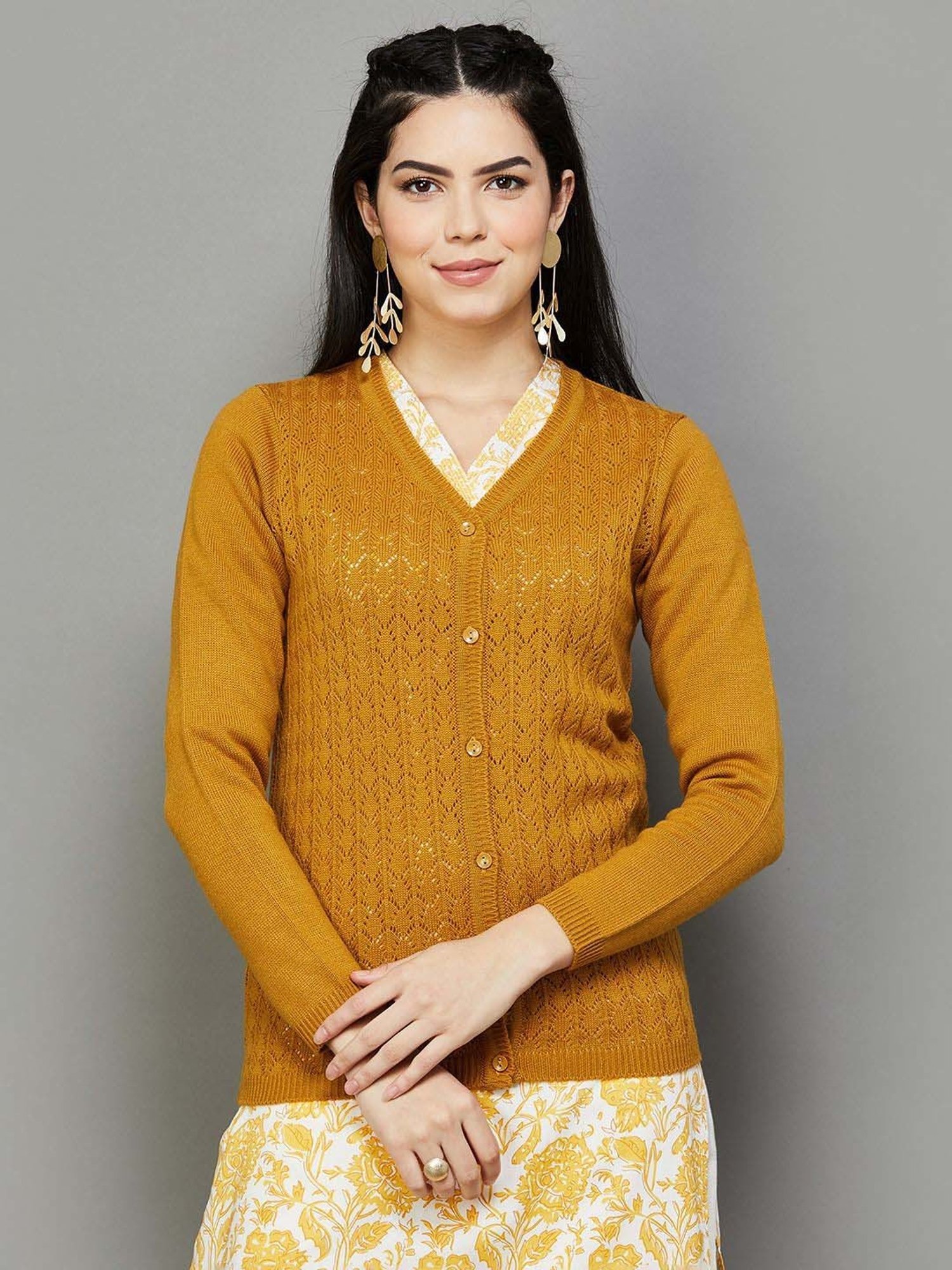 Melange by Lifestyle Yellow Self Pattern Cardigan