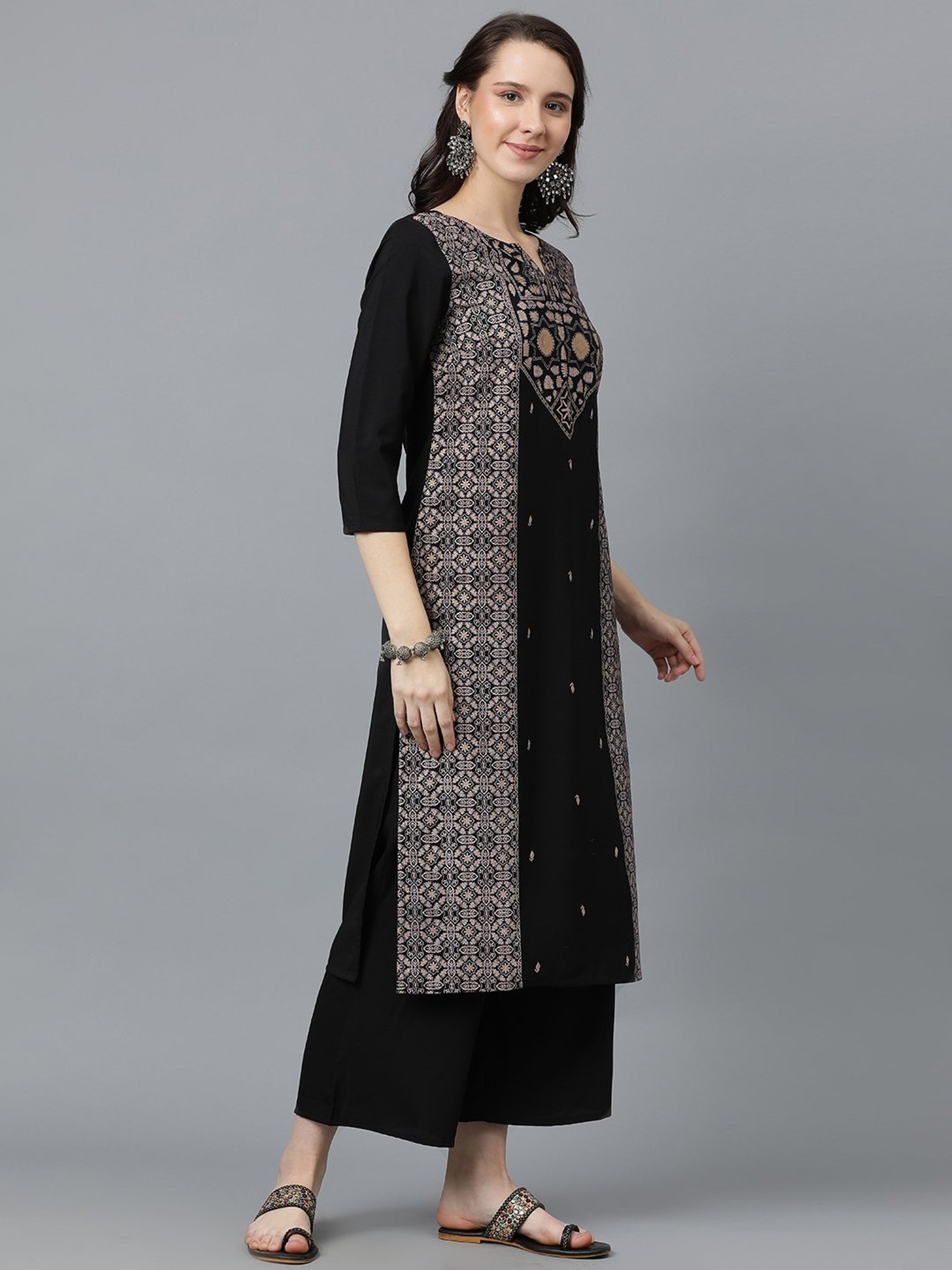 Ziyaa Black Geometric Print Kurta & Palazzo Set