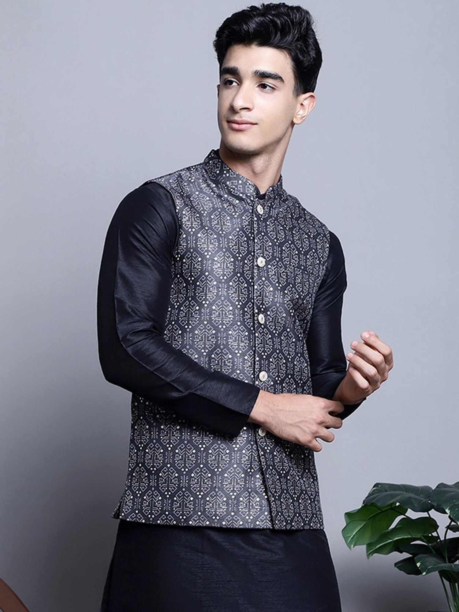 Jompers Charcoal Regular Fit Printed Nehru Jacket