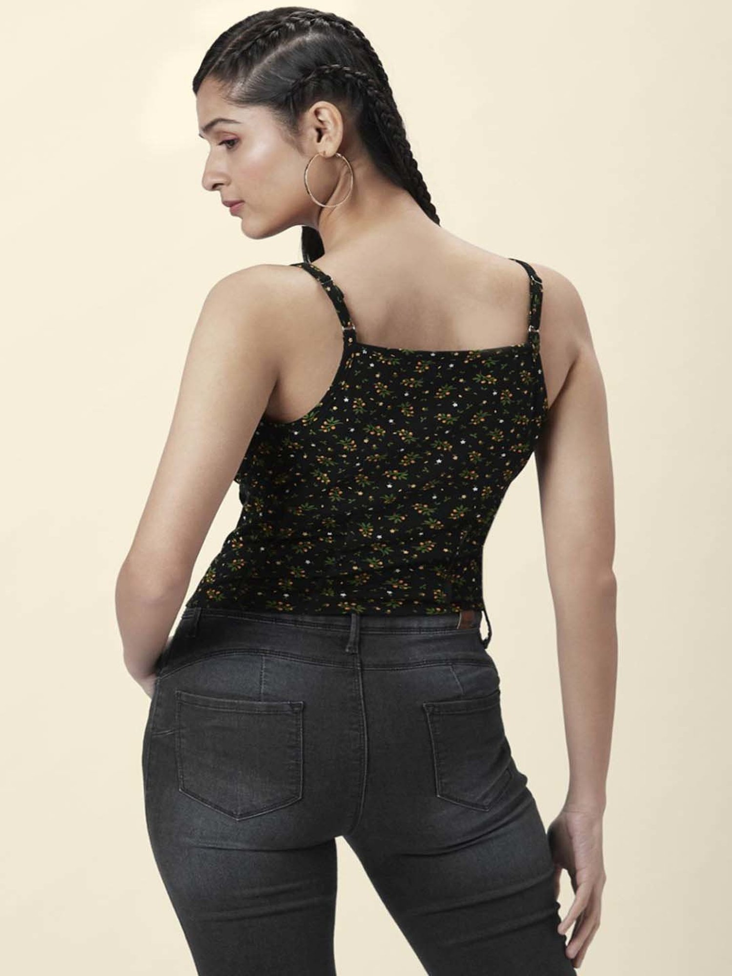 People by Pantaloons Black Cotton Floral Print Crop Top