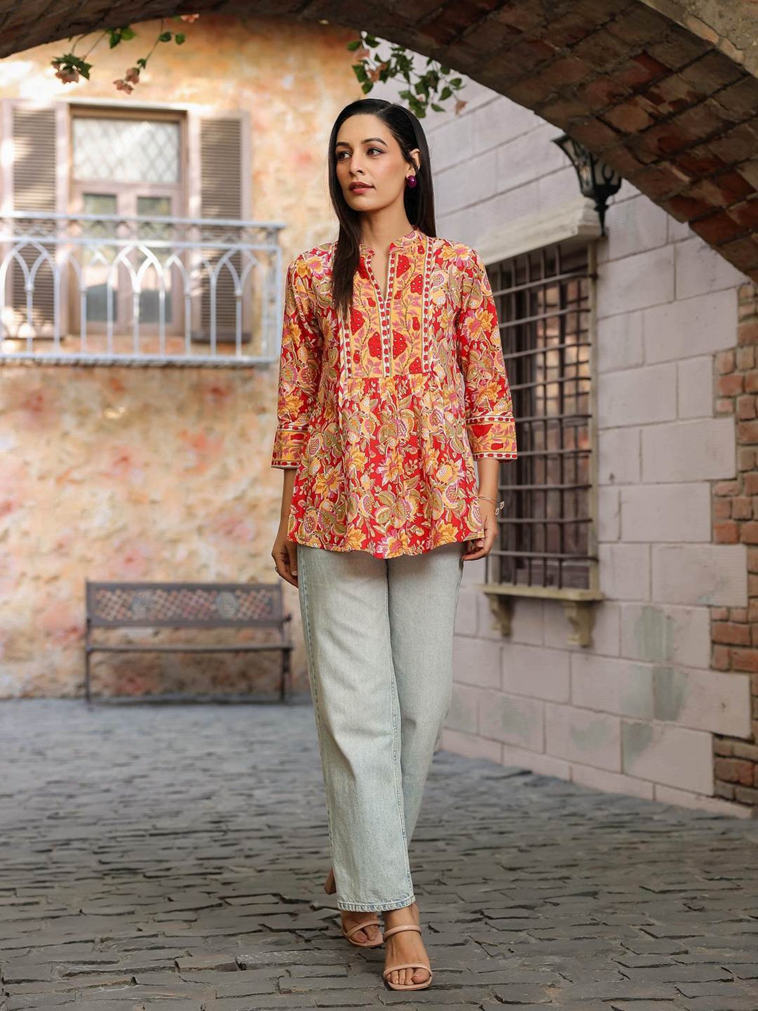 Rain and Rainbow Yellow & Red Cotton Embellished Top