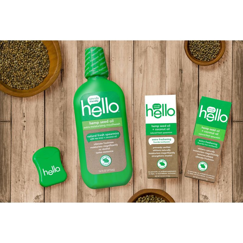 hello Extra Freshening Natural Fresh Spearmint Hemp Seed Oil + Coconut Oil Moisturizing Mouthwash - 16oz