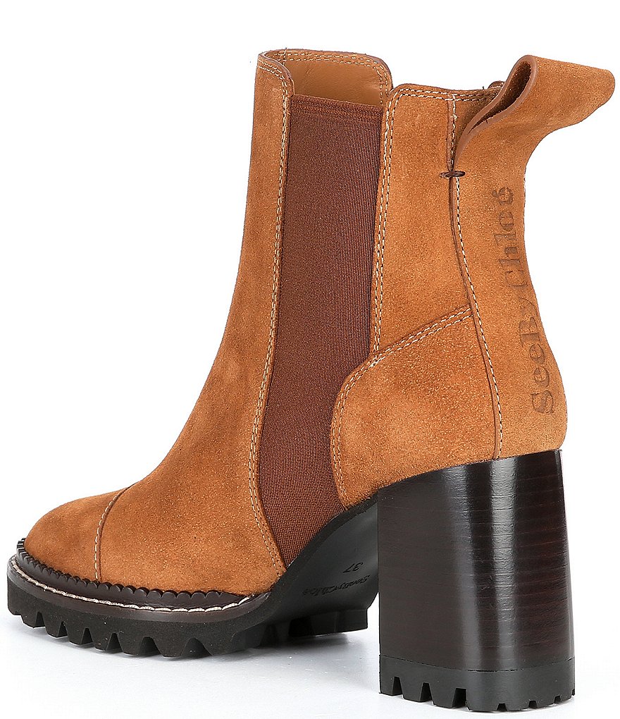 See by Chloe Mallory Suede Lug Sole Block Heel Chelsea Booties
