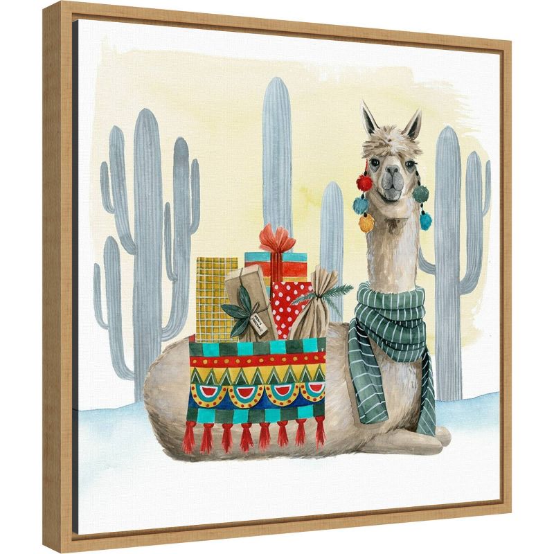 16" x 16" Boho Christmas II Llama Cactus by Grace Popp Framed Canvas Wall Art - Amanti Art