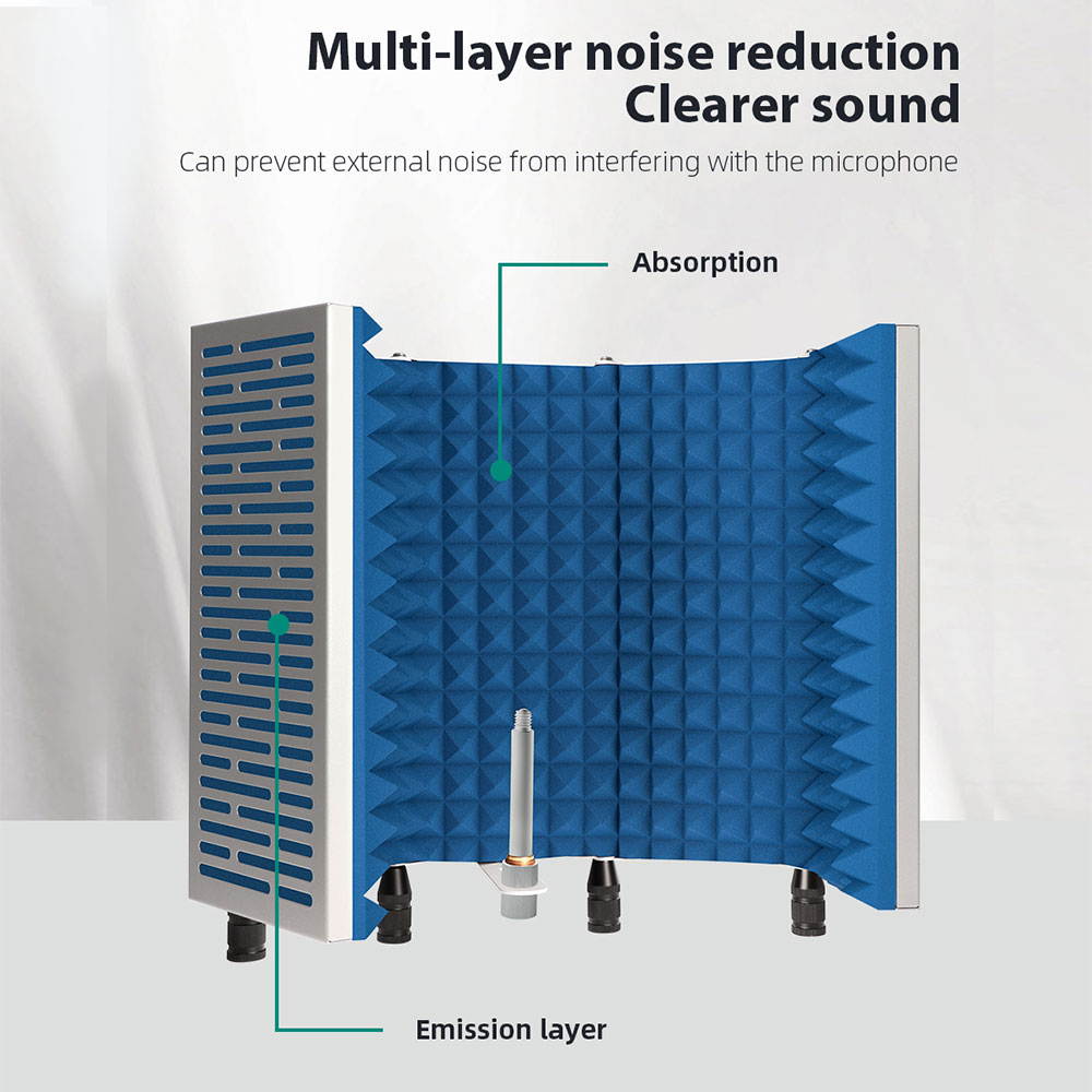 Technical Pro Portable and Foldable 5-Panel Professional Vocal Isolation Reflection Sound Shield for Home Office and Studio Recording  (Silver Aluminum, Blue Foam)