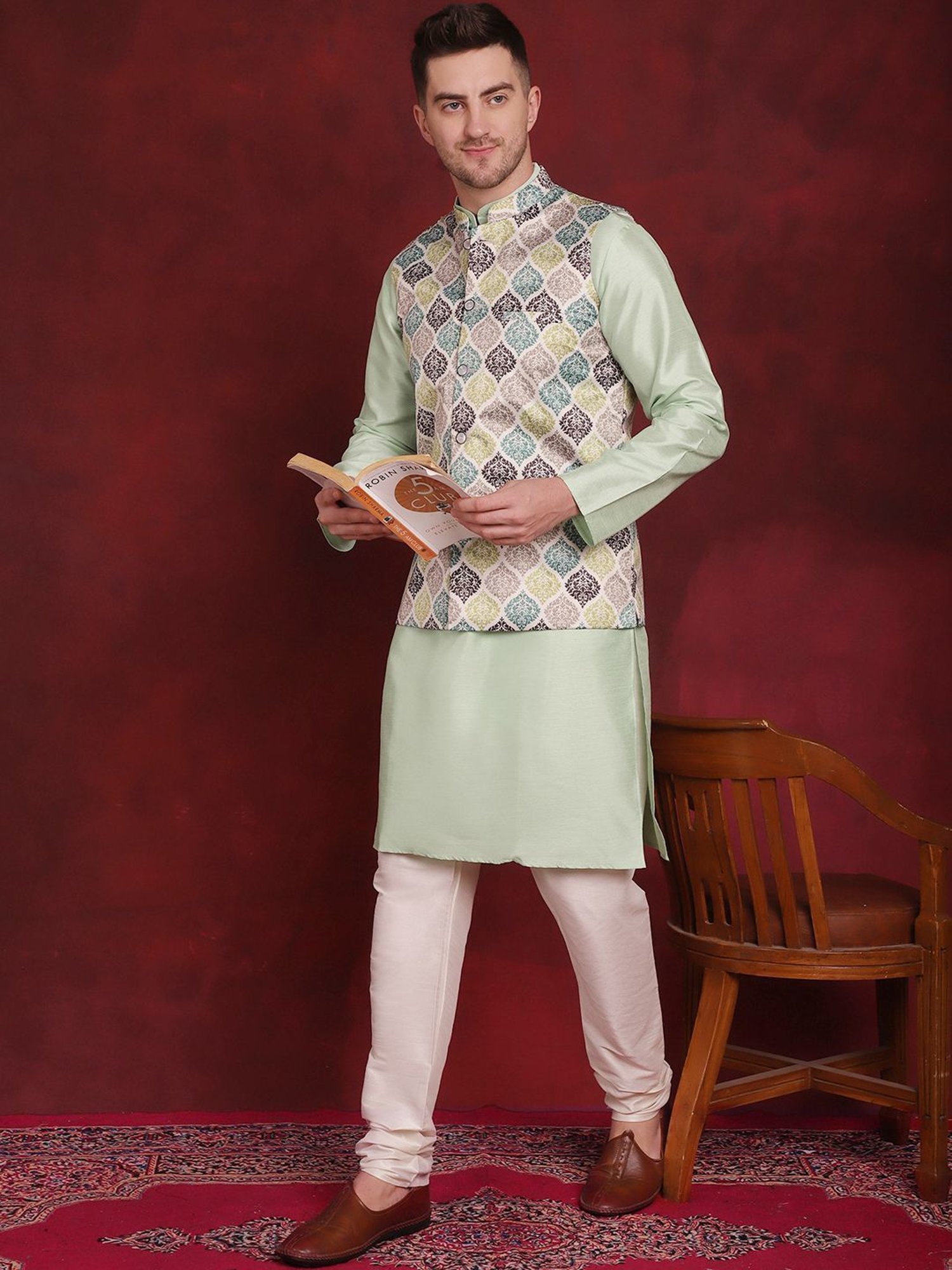 Jompers Green Regular Fit Printed Nehru Jacket