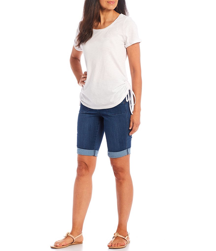 Intro Solid Cotton Slub Knit Scoop Neck Short Sleeve Ruched Side Tee