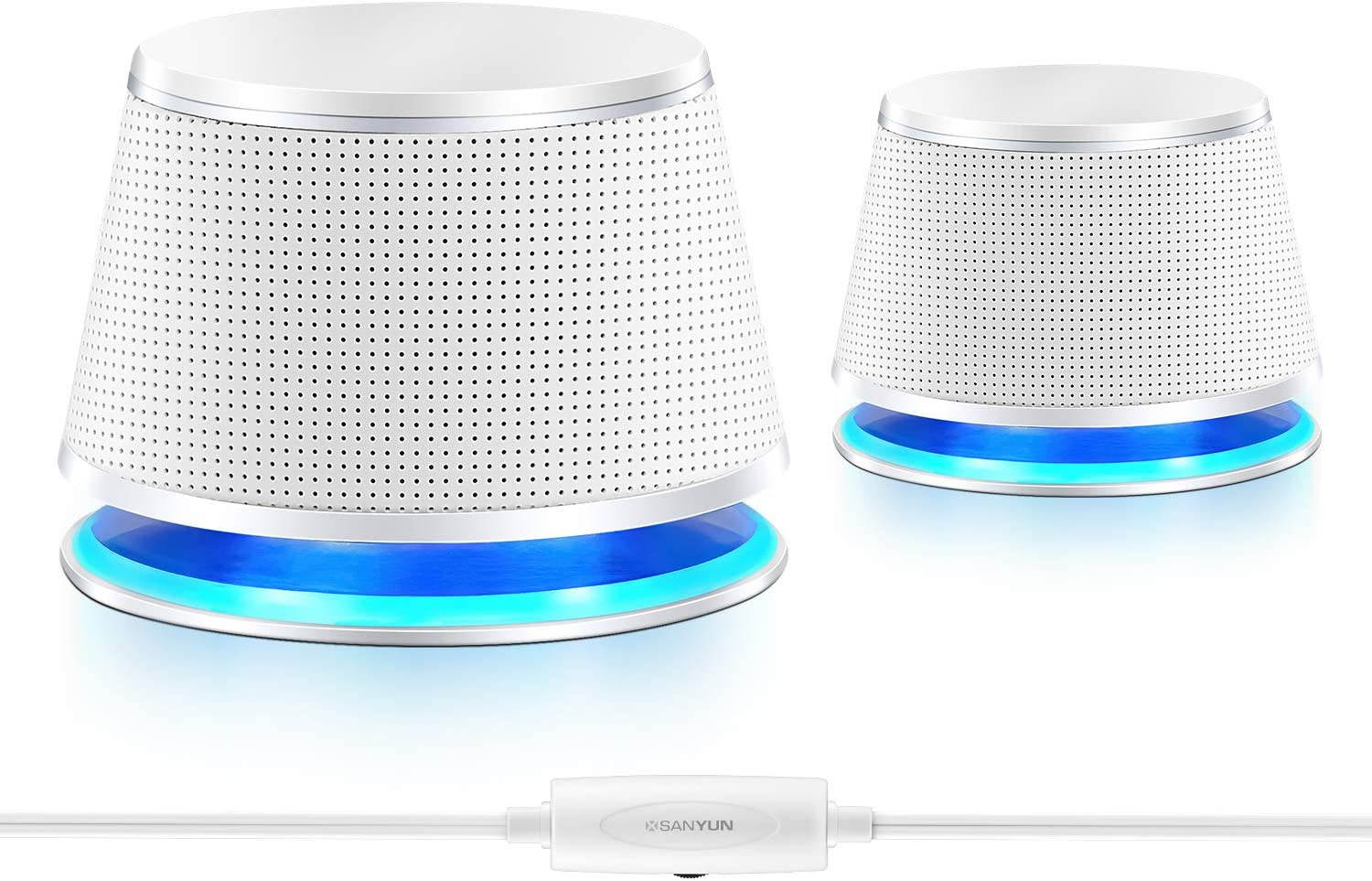 Computer Speakers, 5Wx2, Deep Bass in Small Body, Stereo 2.0 USB Powered 3.5mm Aux Multimedia Speakers, Built-in Bottom Bass Radiators, PC Laptop Desktop Speakers, White