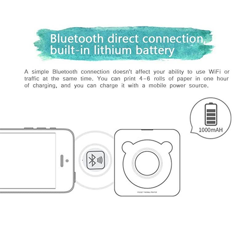 Mini Thermal Printer Bluetooth Wireless Printer Support USB Pocket Note Receipt Printer 57mm Paper Photo Printing for Windows + iOS + Android Students Office Couples LeisureWhite