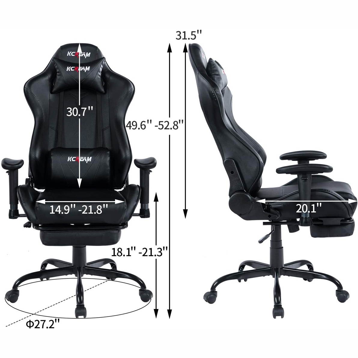 KCREAM PU Leather Swivel Chair Gaming Chair with Footrest Ergonomic Office Chair Headrest Lumbar Support Comfortable Large Size High Back Adjustable Reclining Computer Desk Chair