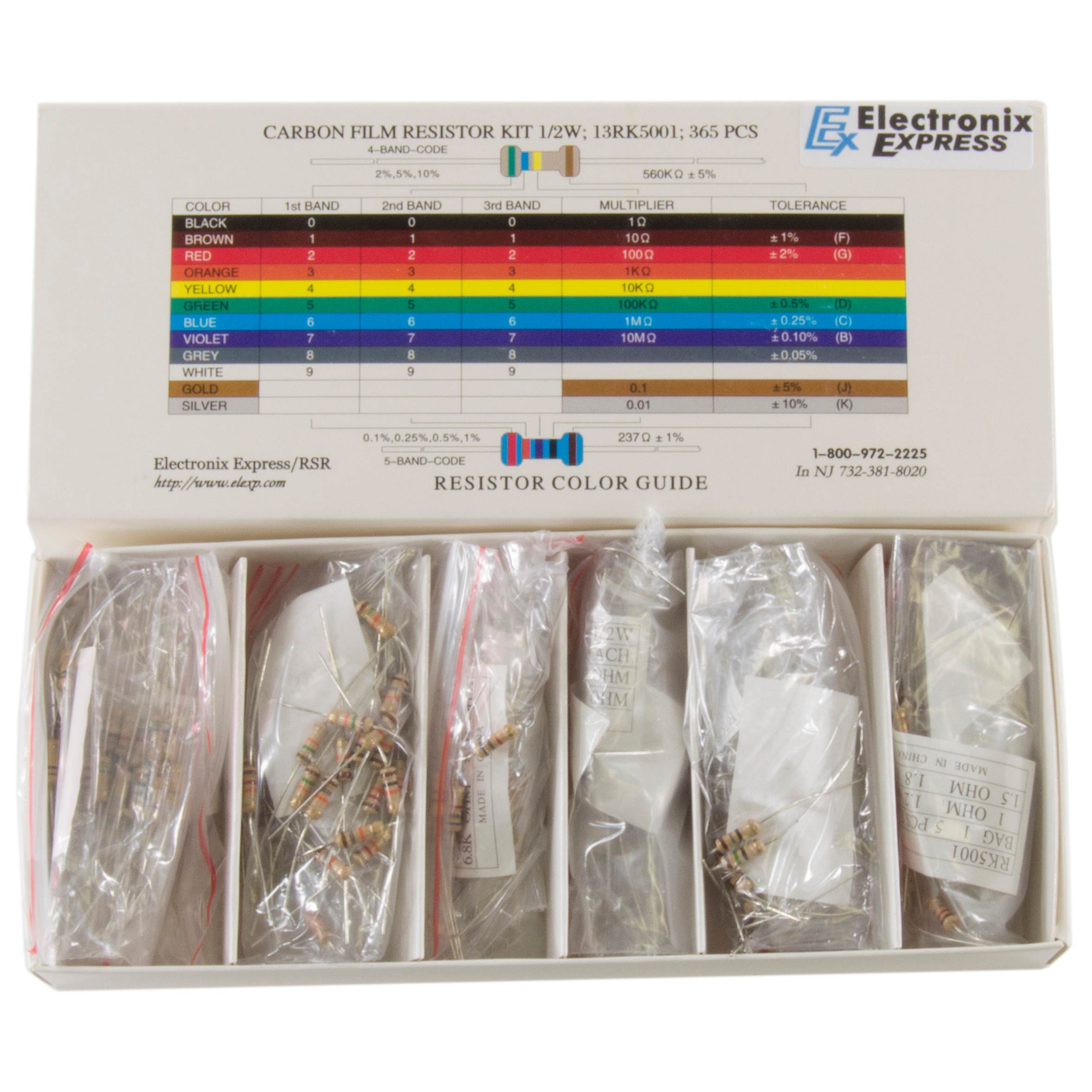 365 Piece Resistor Kit 1/2 Watt in Compartmentalized Cardboard Storage Box