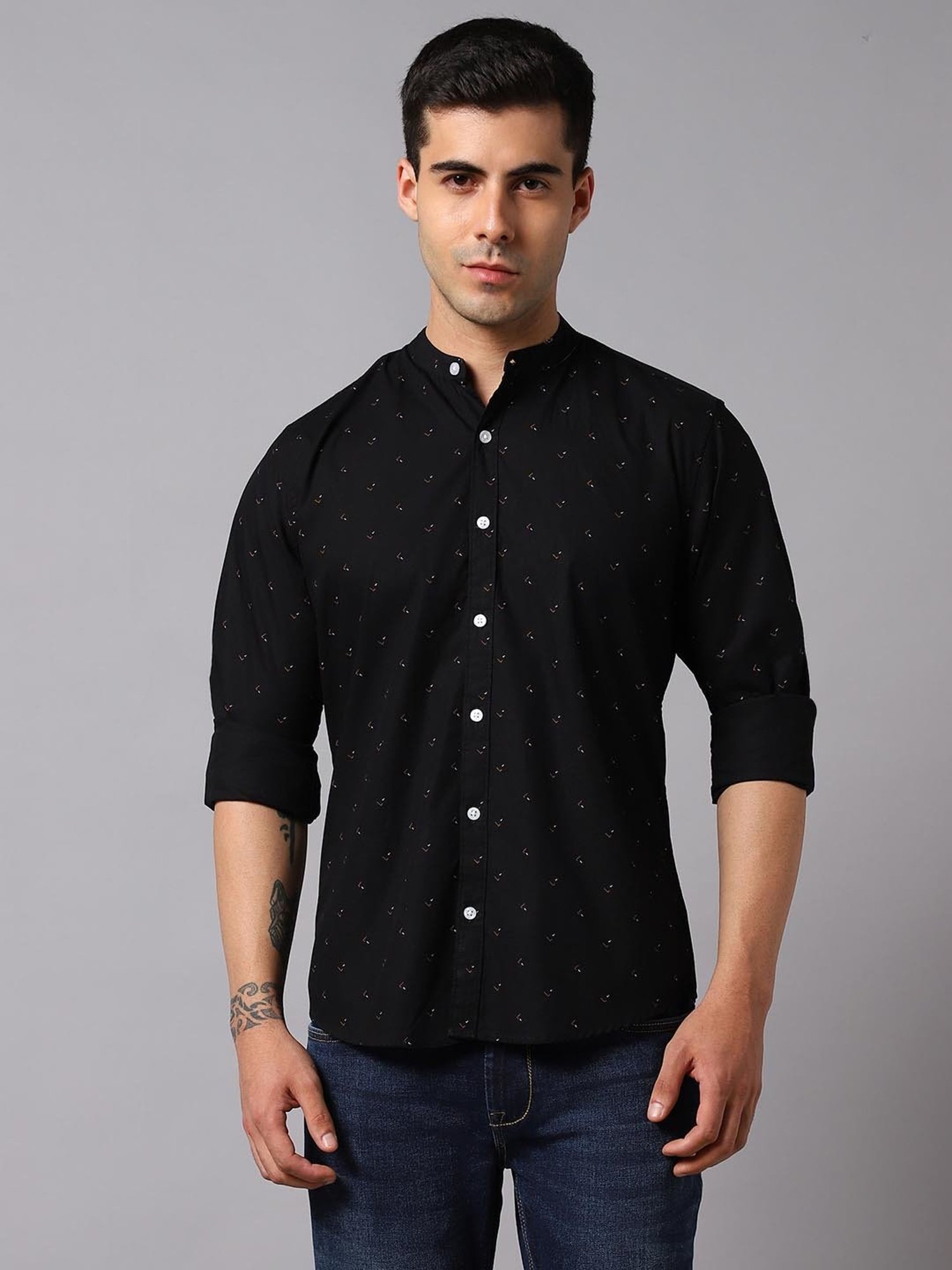 High Star Black Cotton Regular Fit Printed Shirt