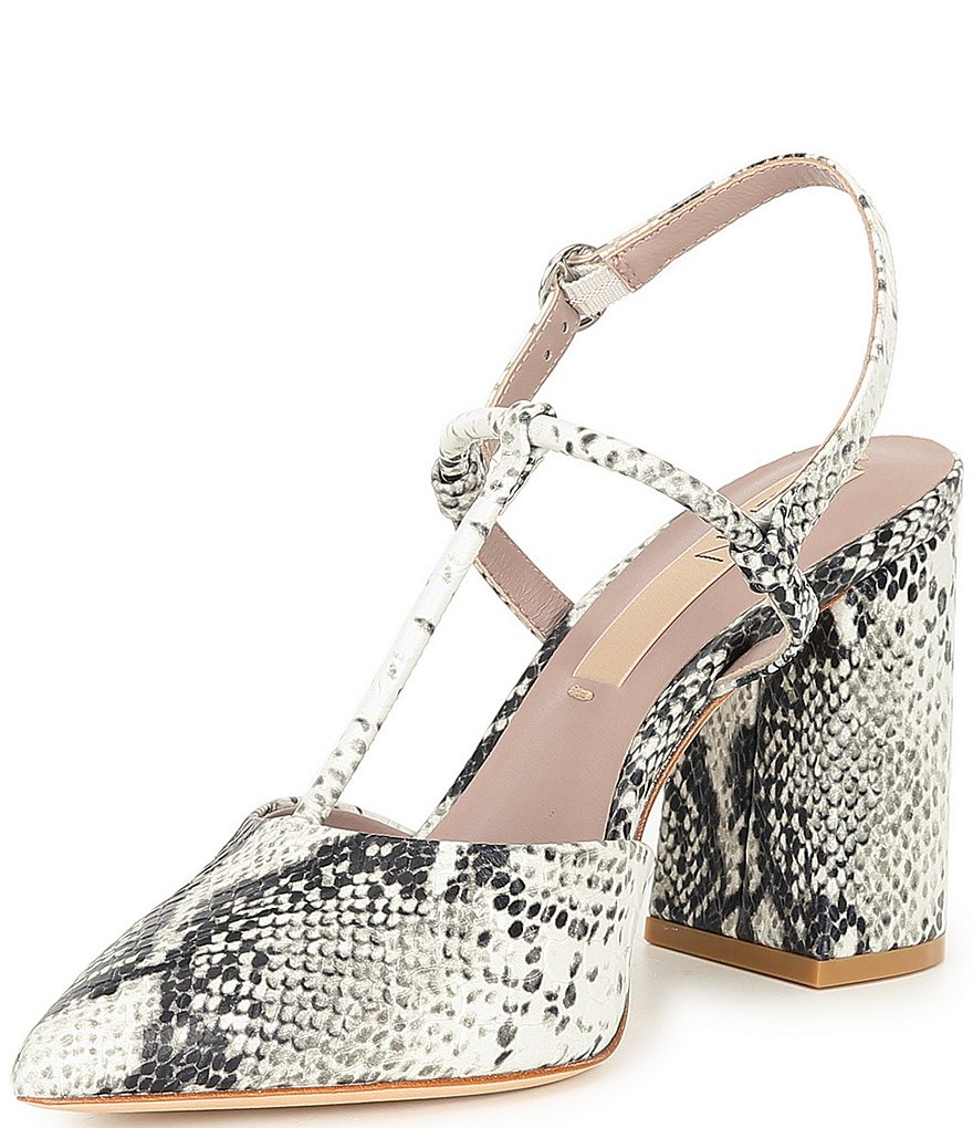 Deltan Tessa Snake Print T-Strap Block Heel Pumps
