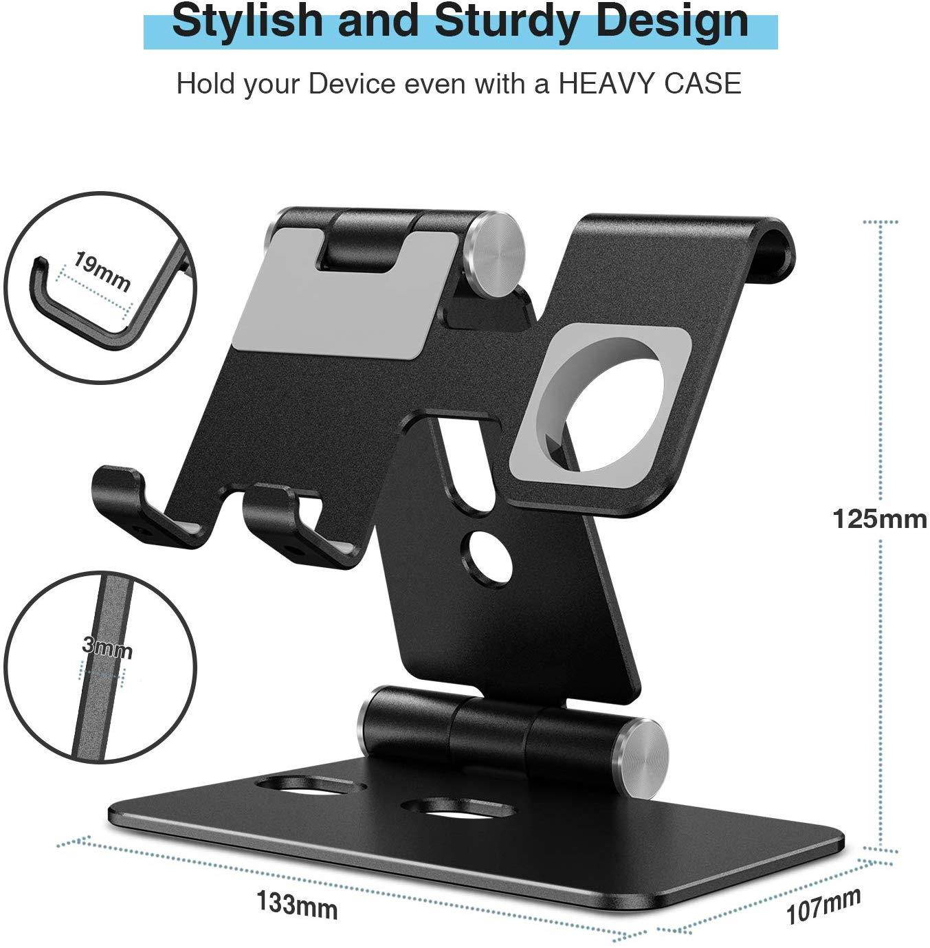 Cell Phone Stand for Apple Watch - OMOTON 2 in 1 Aluminum Foldable Charging Dock Stand for Apple Watch 5/4/3/2/1 and iPhone 11/11 Pro/11 Pro Max/XR/Xs/Xs Max (Black)