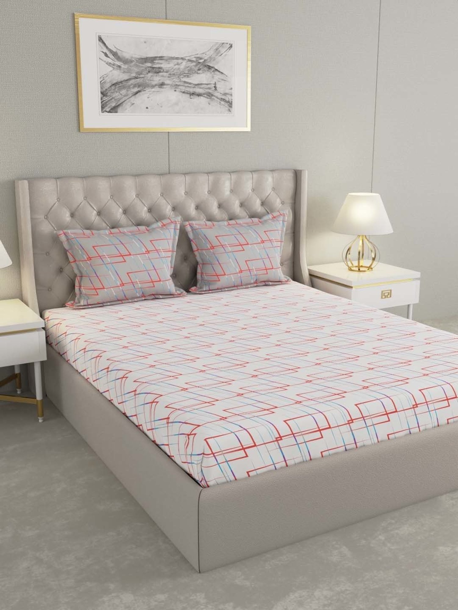 Raymond Home Mystique White & Red 110 TC Cotton Queen Bedsheet with 2 Pillow Covers