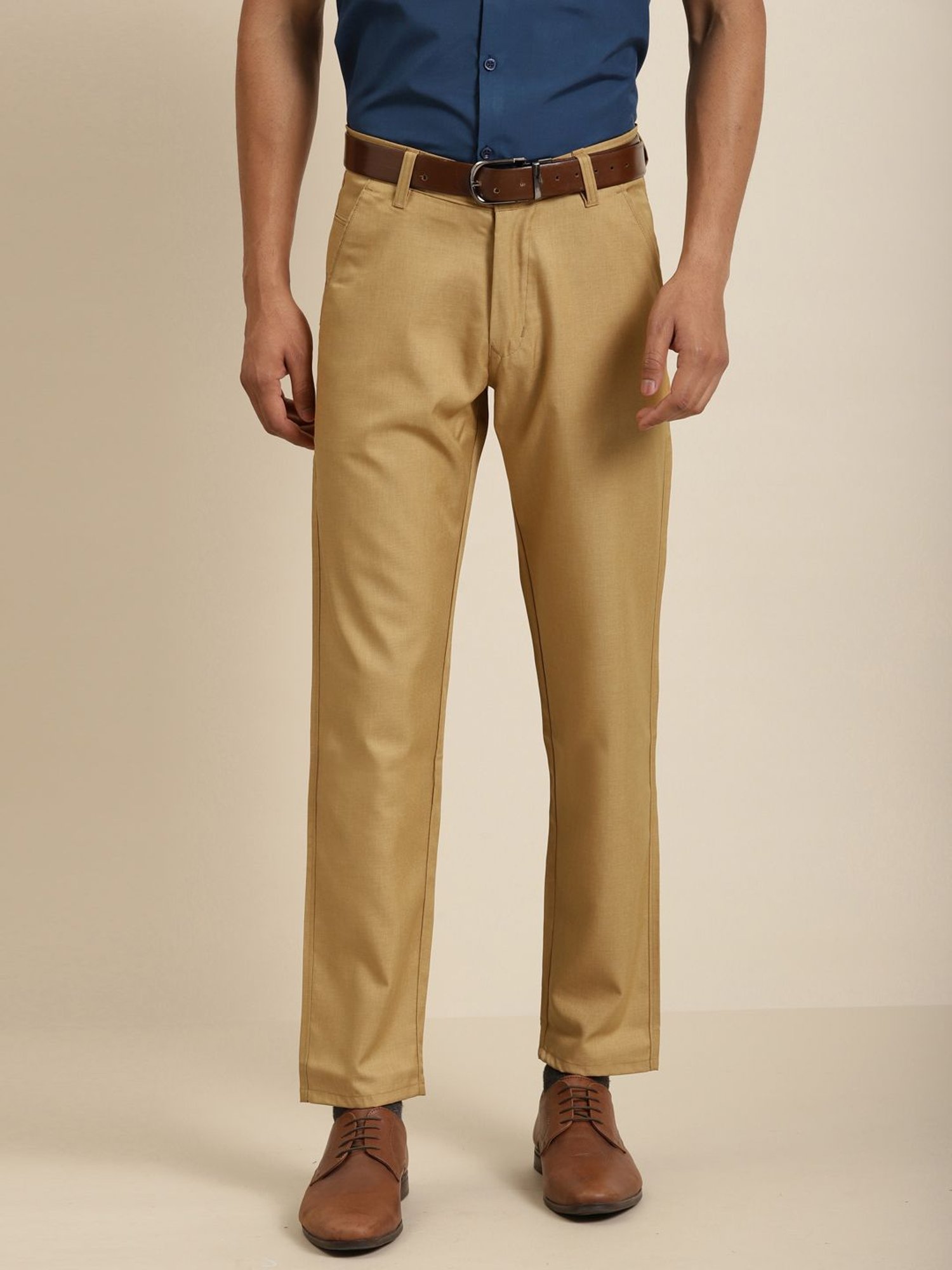 Sojanya Khaki Cotton Regular Slim Fit Flat Front Trousers
