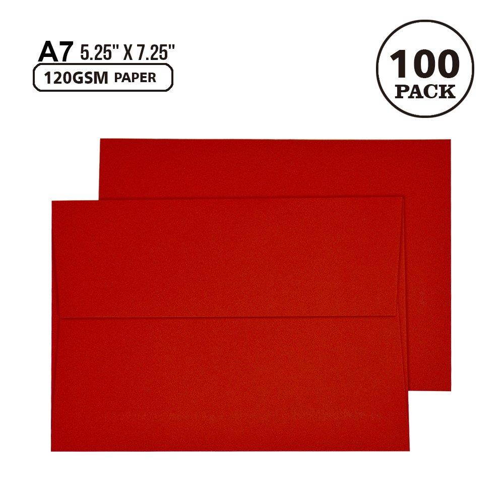 A7 Red Invitation 5x7 Envelopes - Self Seal, Square Flap,Perfect for 5x7 Cards, Weddings, Birthday, Invitations, Graduation, Baby Shower, 5.25 x 7.25 inches, 100 Pack, (Red)