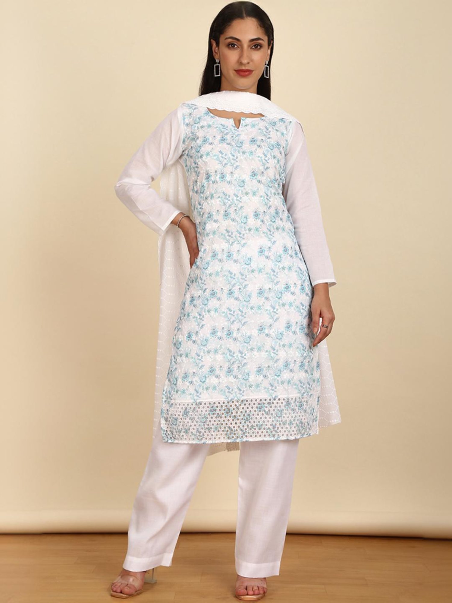Soch Womens Blue Cotton Embroidered Unstitch Dress Material With Schiffli