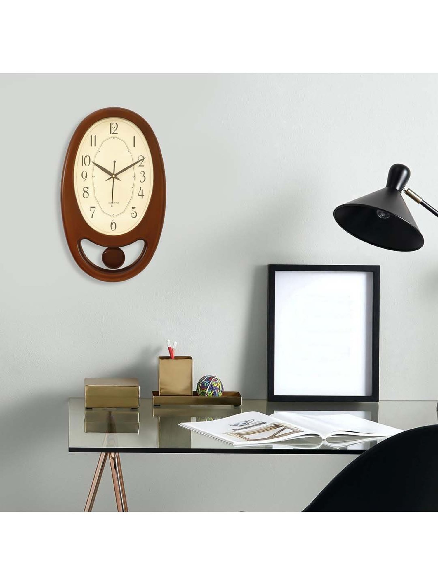 eCraftIndia Golden Brown Plastic Vertical Pendulum Analog Wall Clock