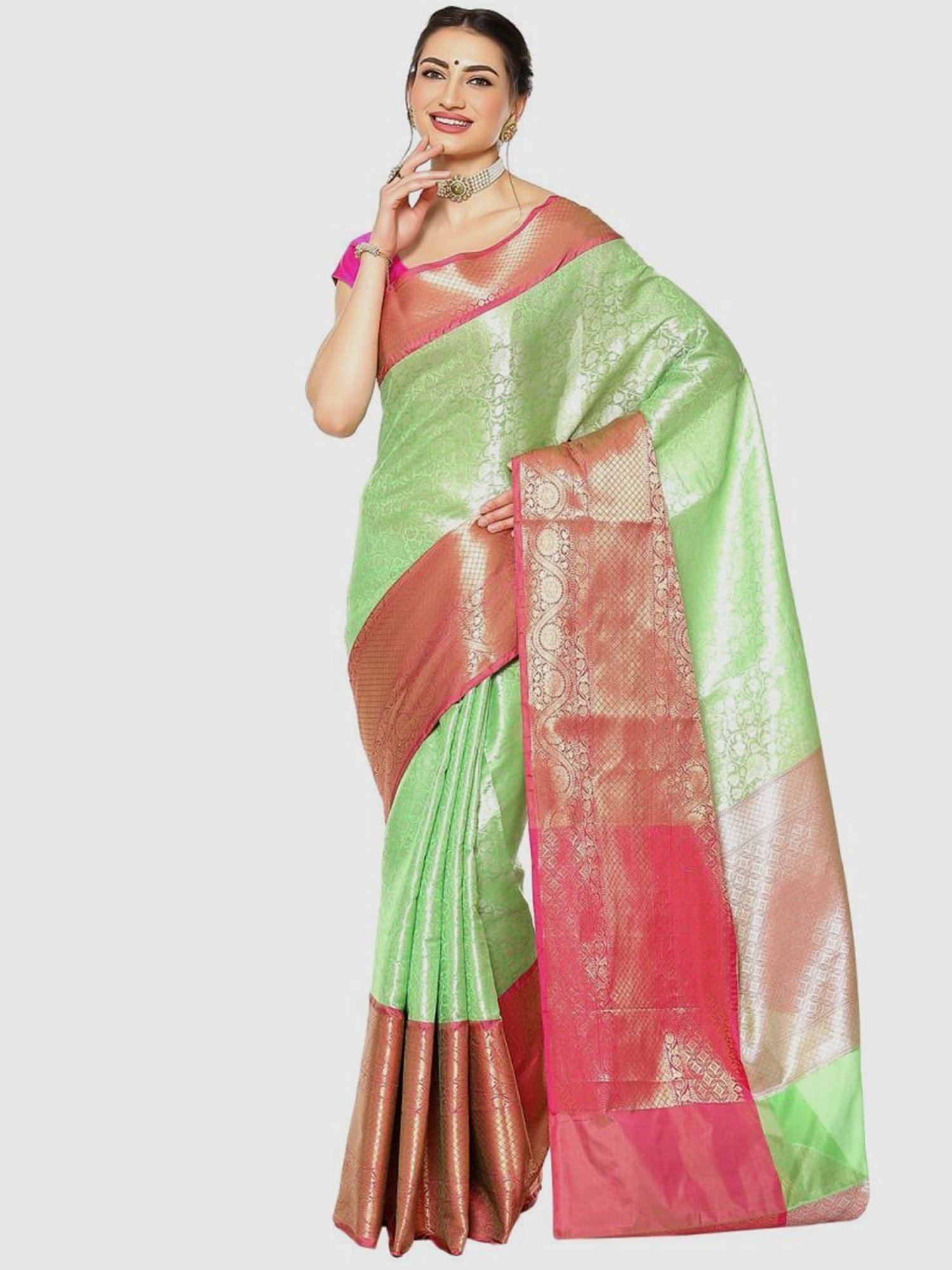 Banarasi Silk Works Green & Pink Woven Saree With Unstitched Blouse