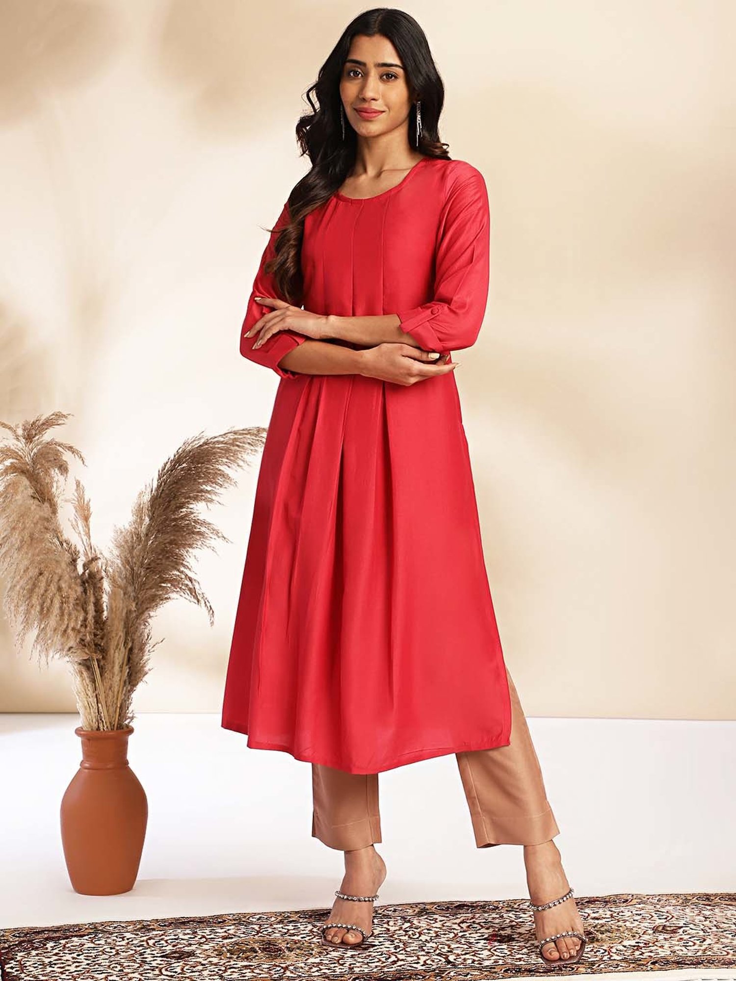 Janasya Pink & Beige Regular Fit Kurta Pant Set