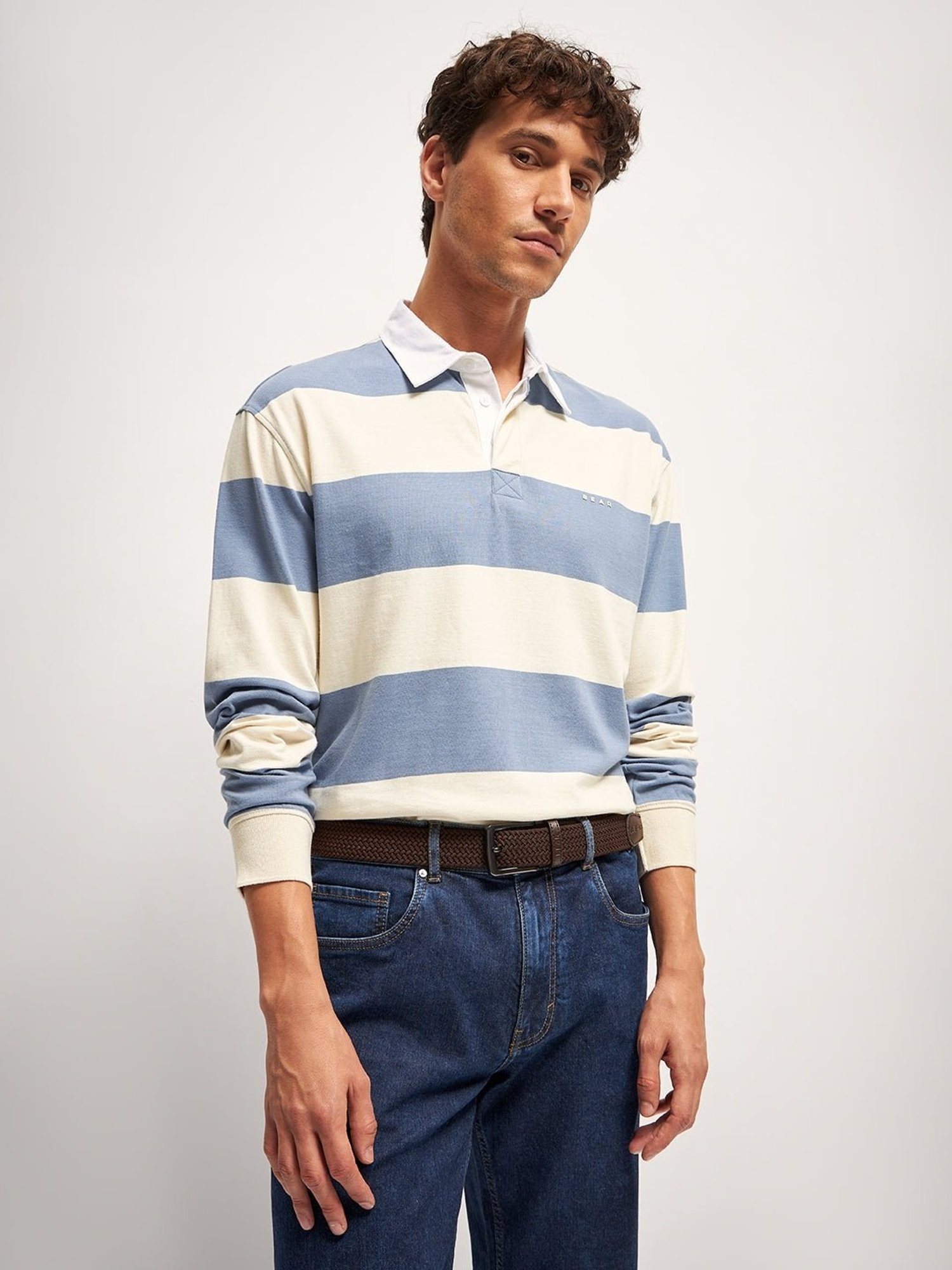 The Bear House Blue Cotton Relaxed Fit Striped Polo T-Shirt