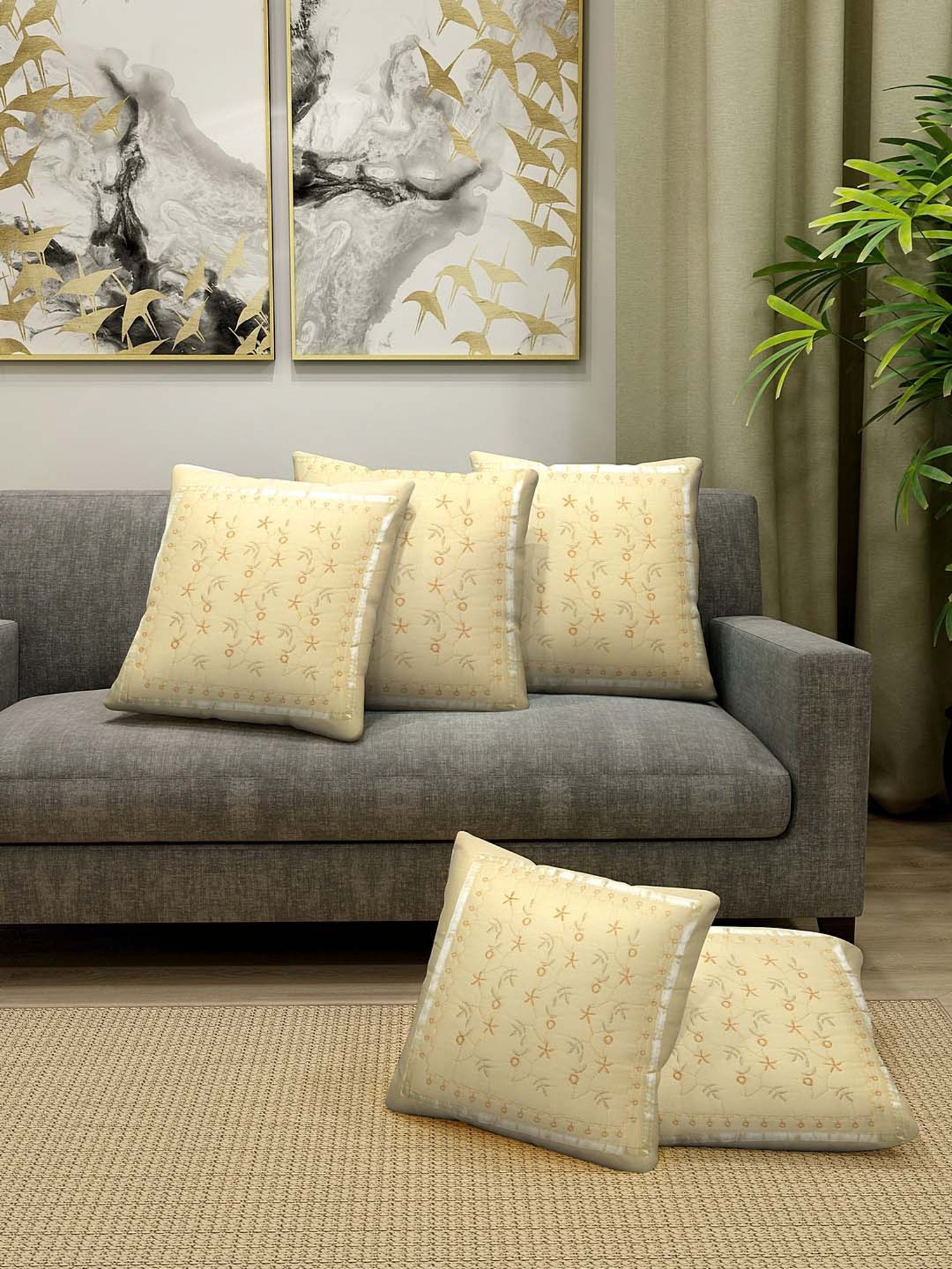 HOSTA HOMES Yellow Cotton Cushion Covers - Set of 5