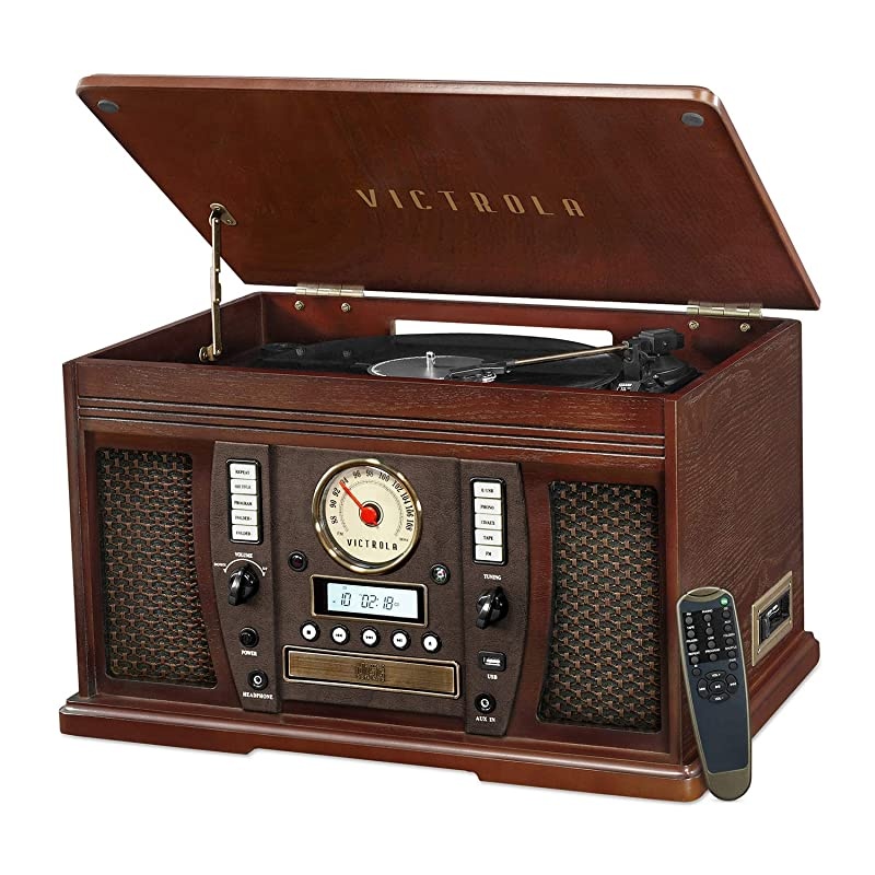 Aviator 8-in-1 Bluetooth Record Player & Multimedia Center with Built-in Stereo Speakers - 3-Speed Turntable, Vinyl to MP3 Recording | Wireless Music Streaming | Espresso